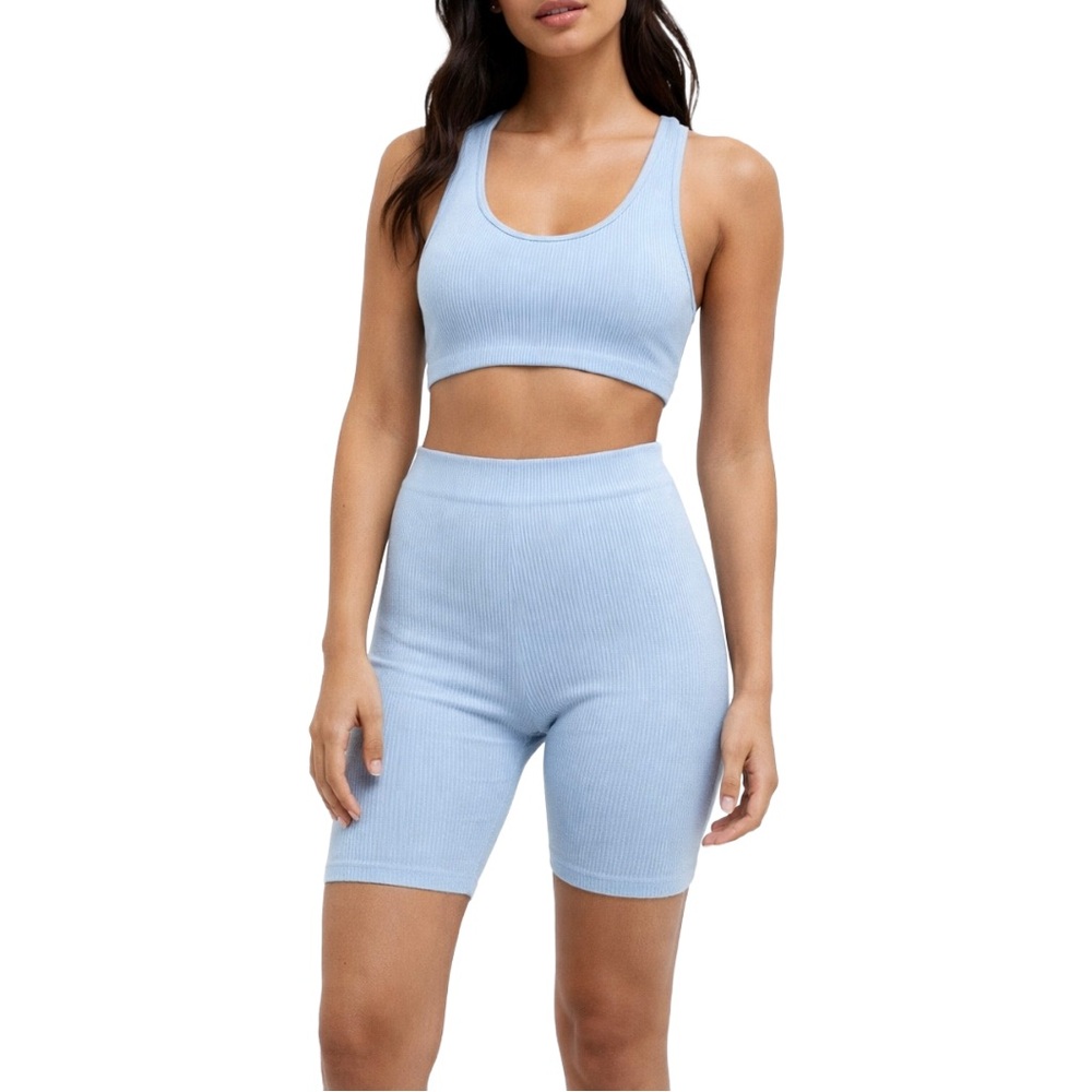 Zara Seamless Ribbed Workout Set Blue Crop Top Biker Shorts XS S
